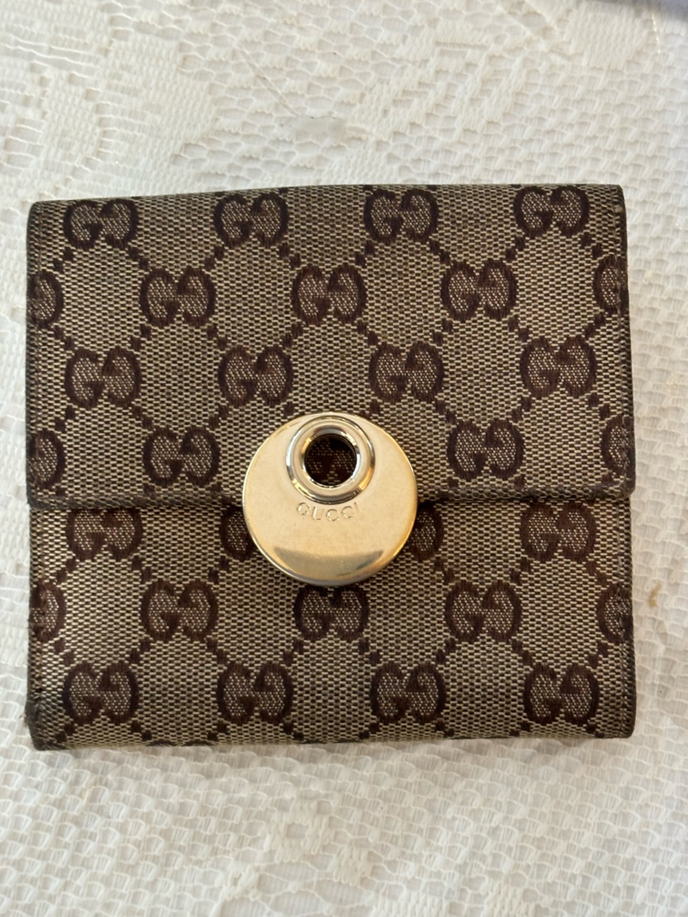 Gucci Beige and Brown GG Canvas Compact Wallet with Gold-Tone Snap